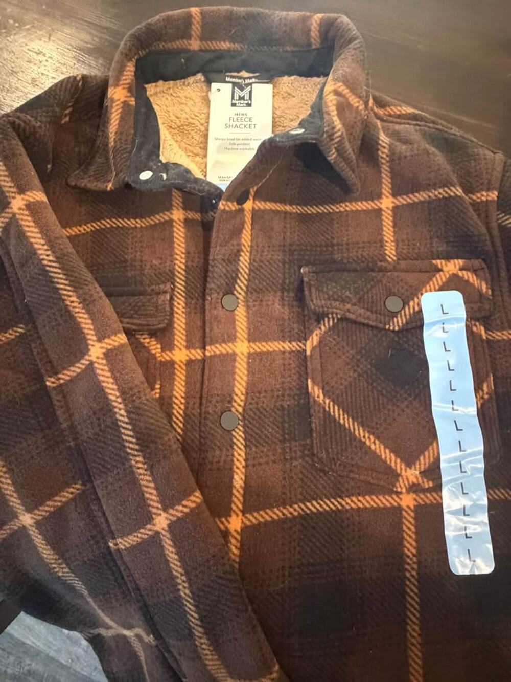 Member’s Mark Men’s Fleece Shacket – Brown Plaid – Large – New
